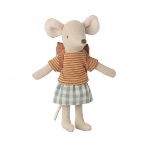 Stuffed mouse toy wearing a striped shirt and checkered skirt on a white background
