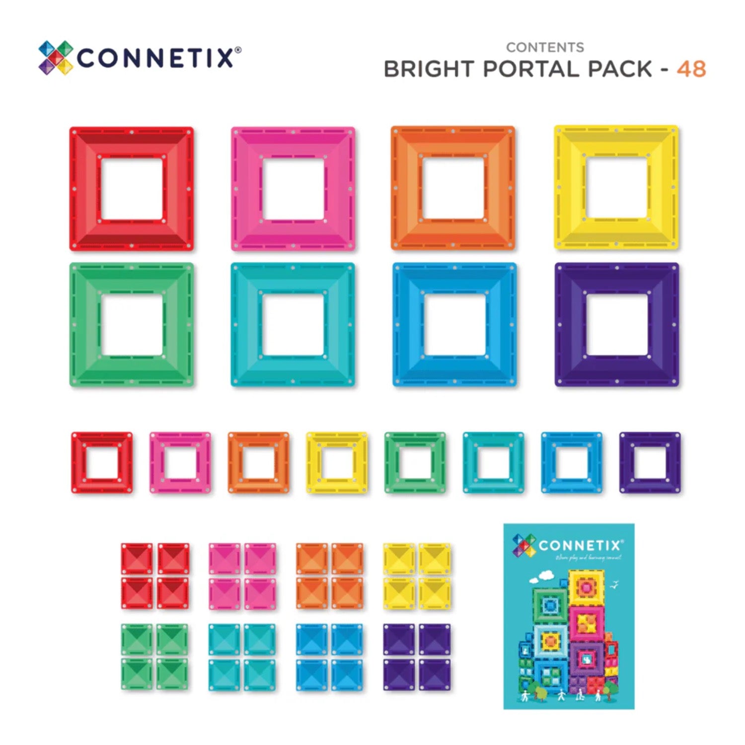 Connetix magnetic tiles packaging with colorful blocks on a blue background