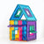 Colorful magnetic building block set shaped like a house on a white background