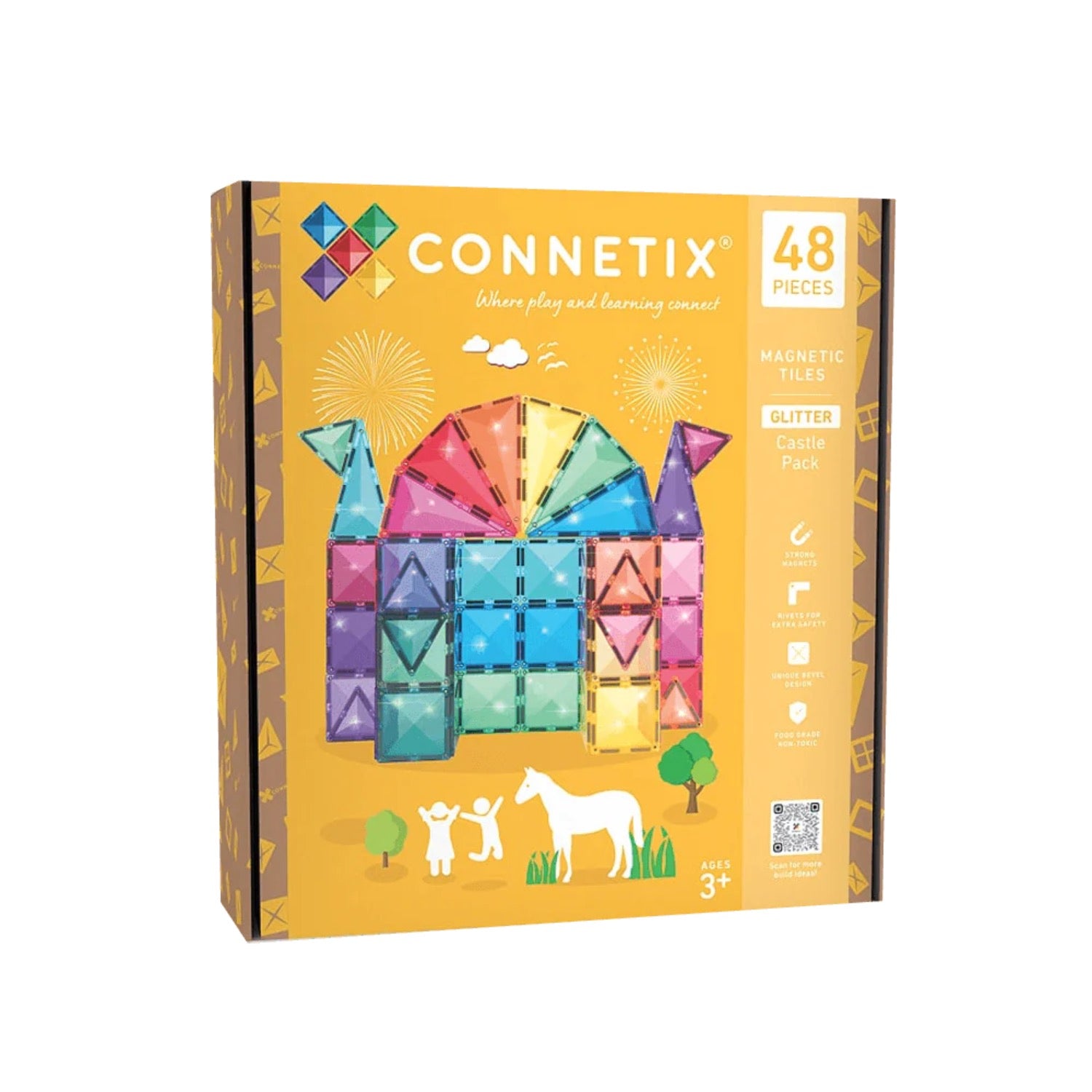 Connetix magnetic tiles packaging with colorful tiles on a yellow background