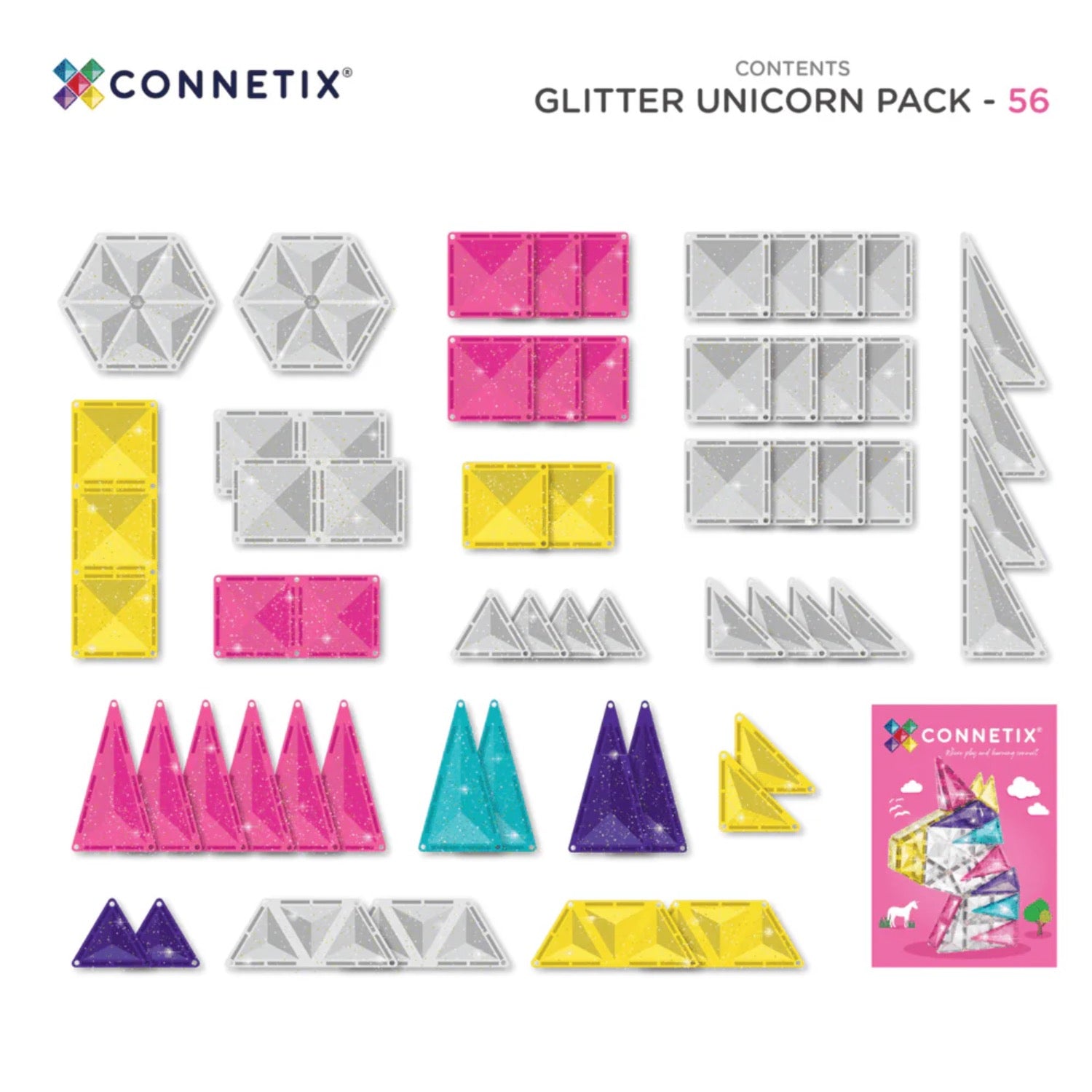 Connetix magnetic tiles packaging with pink background and colorful tiles.