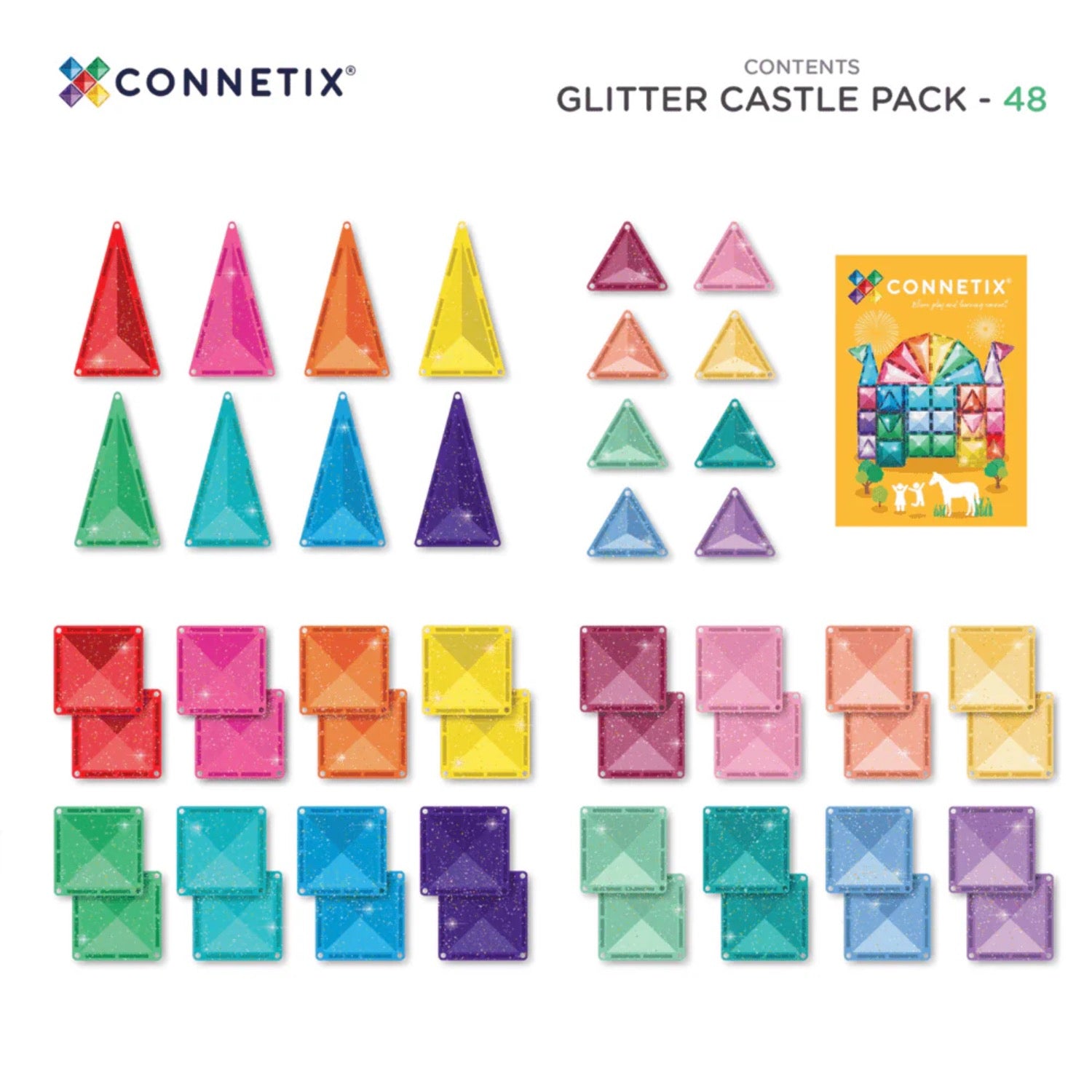 Connetix magnetic tiles packaging with colorful tiles on a yellow background