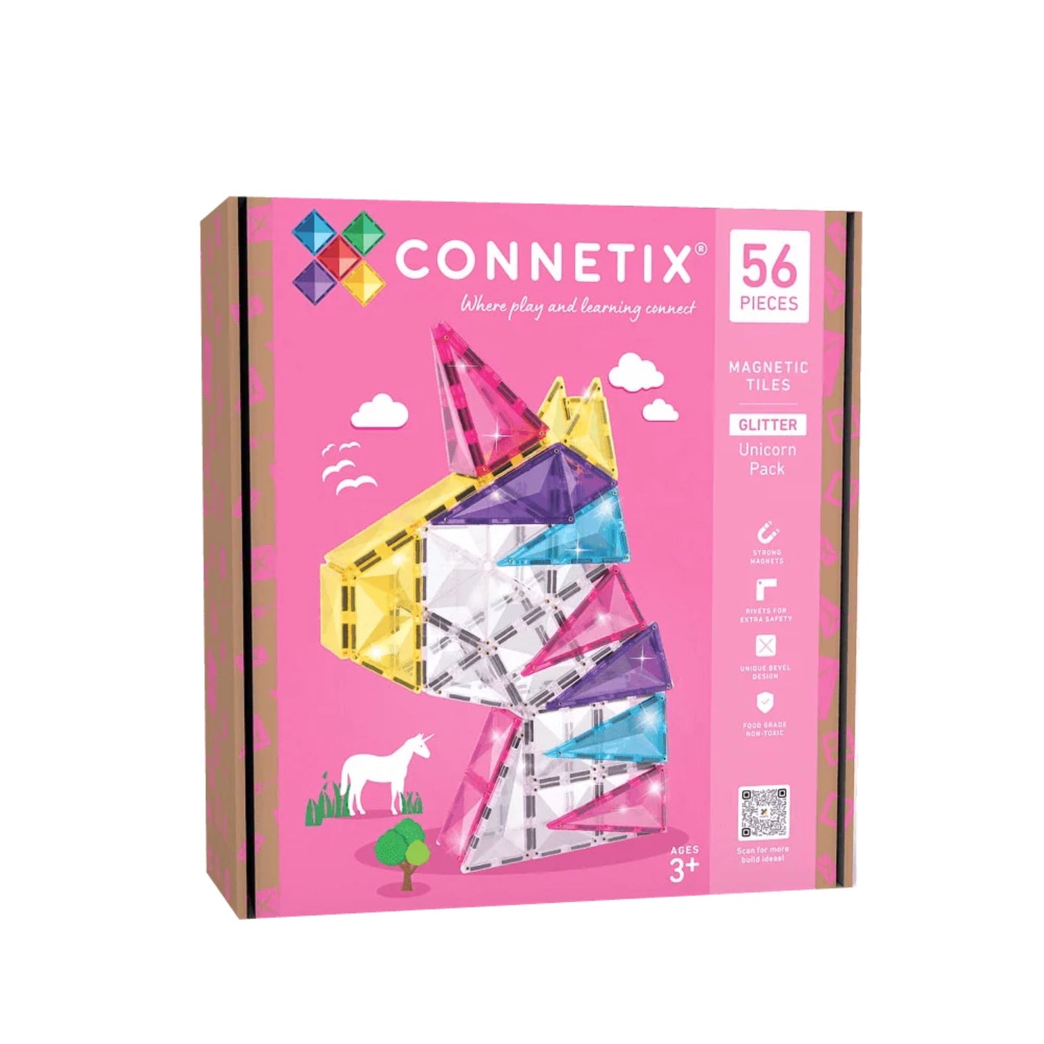Connetix magnetic tiles packaging with pink background and colorful tiles.