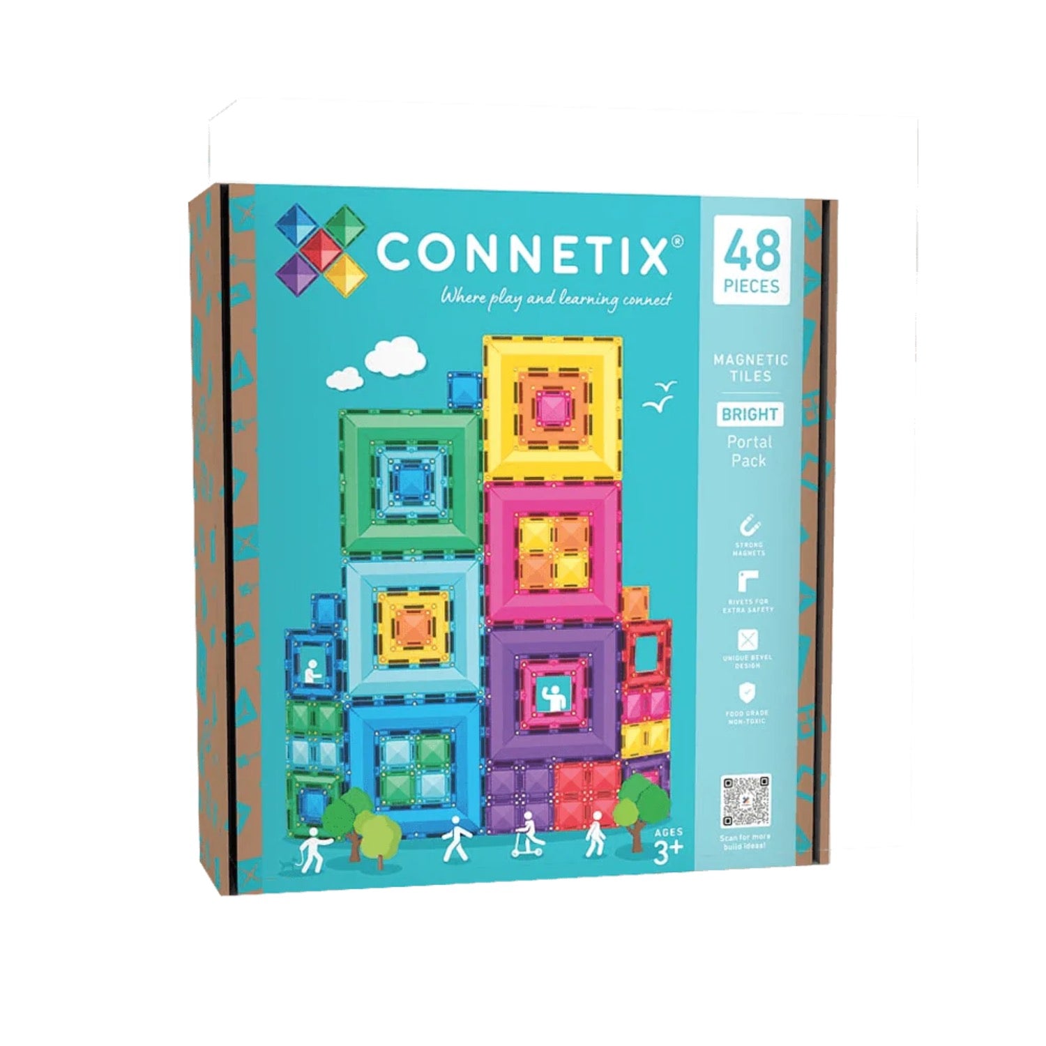 Connetix magnetic tiles packaging with colorful blocks on a blue background