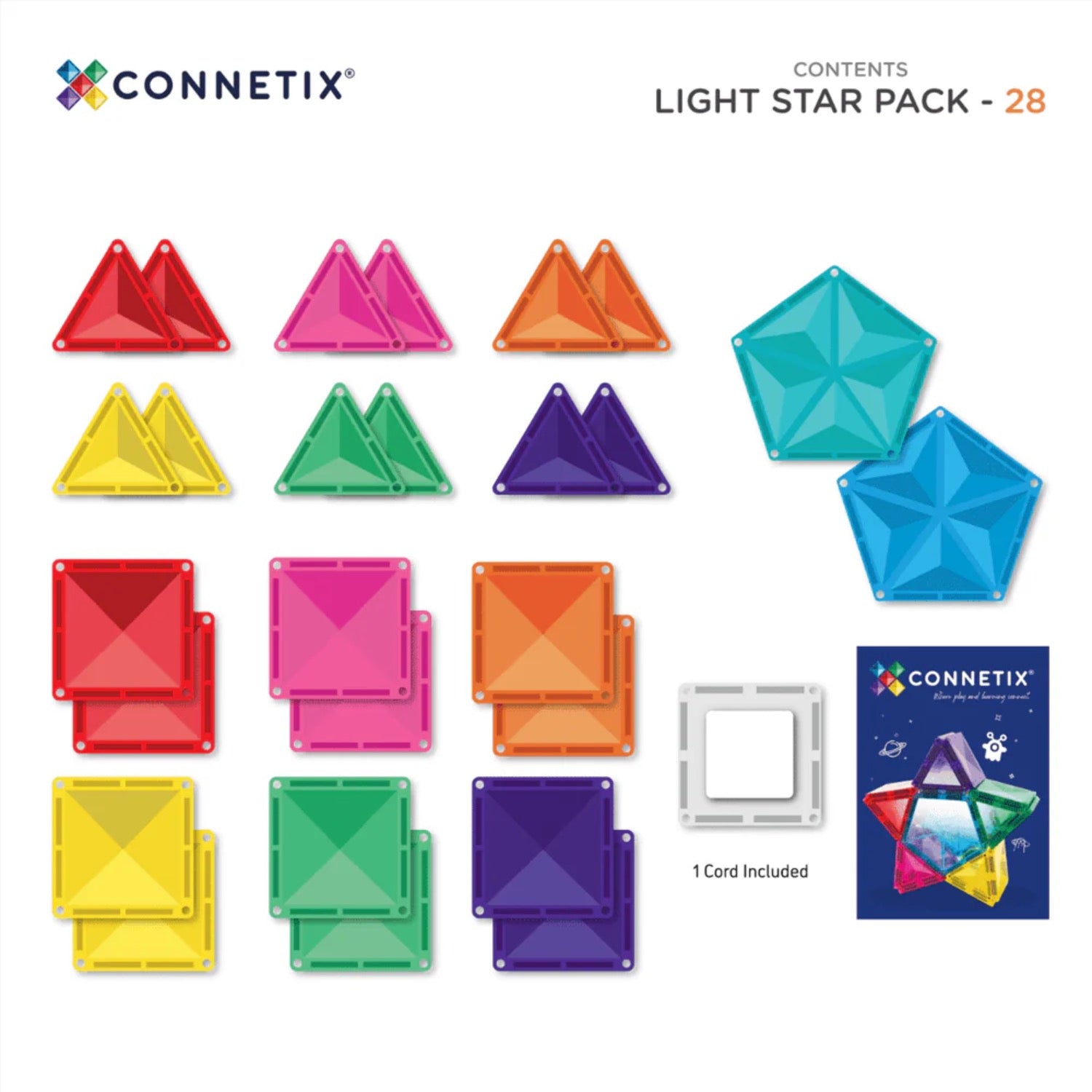 Connetix magnetic building tiles packaging with colorful tiles on a blue background