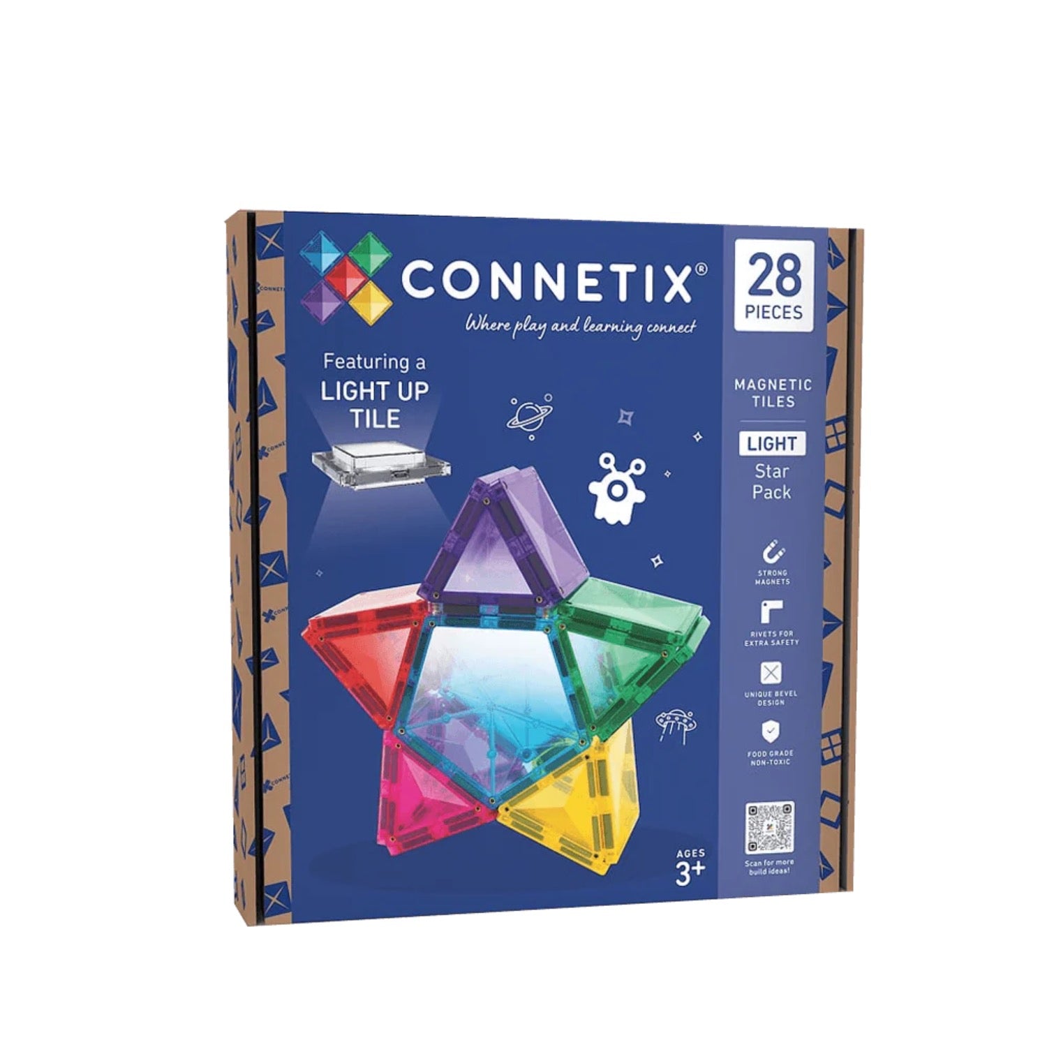 Connetix magnetic building tiles packaging with colorful tiles on a blue background