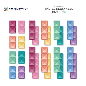 Pastel rectangle packaging by Connetix with various colored pastel rectangles on a white background.
