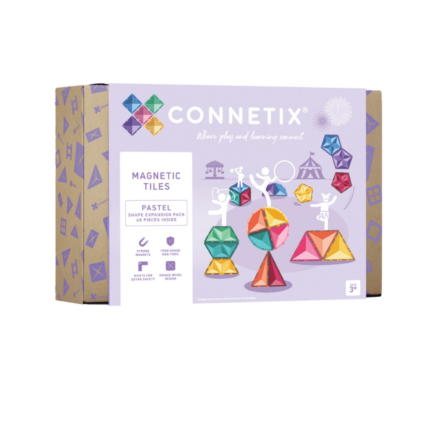 Connetix magnetic tiles packaging with colorful geometric shapes on a white background