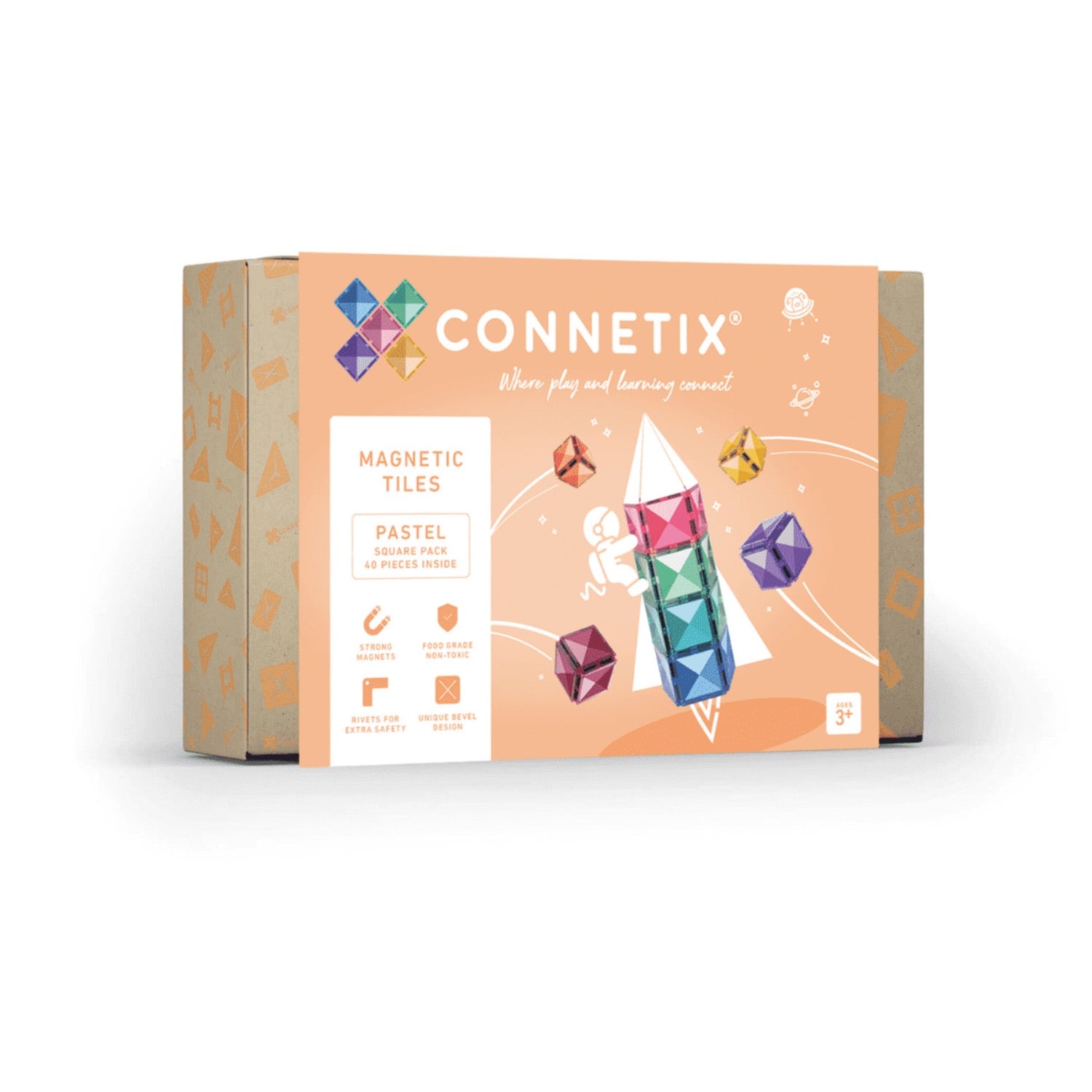 Connetix magnetic tiles packaging on a white background