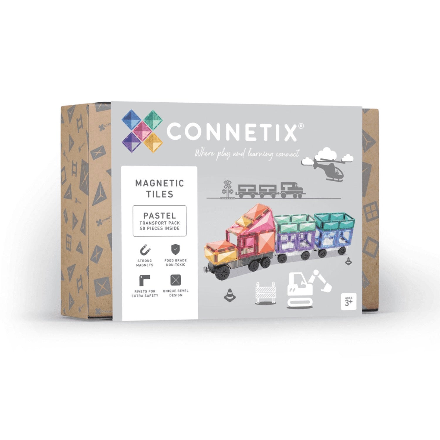 Connetix magnetic tiles packaging with colorful toy train illustration on a white background