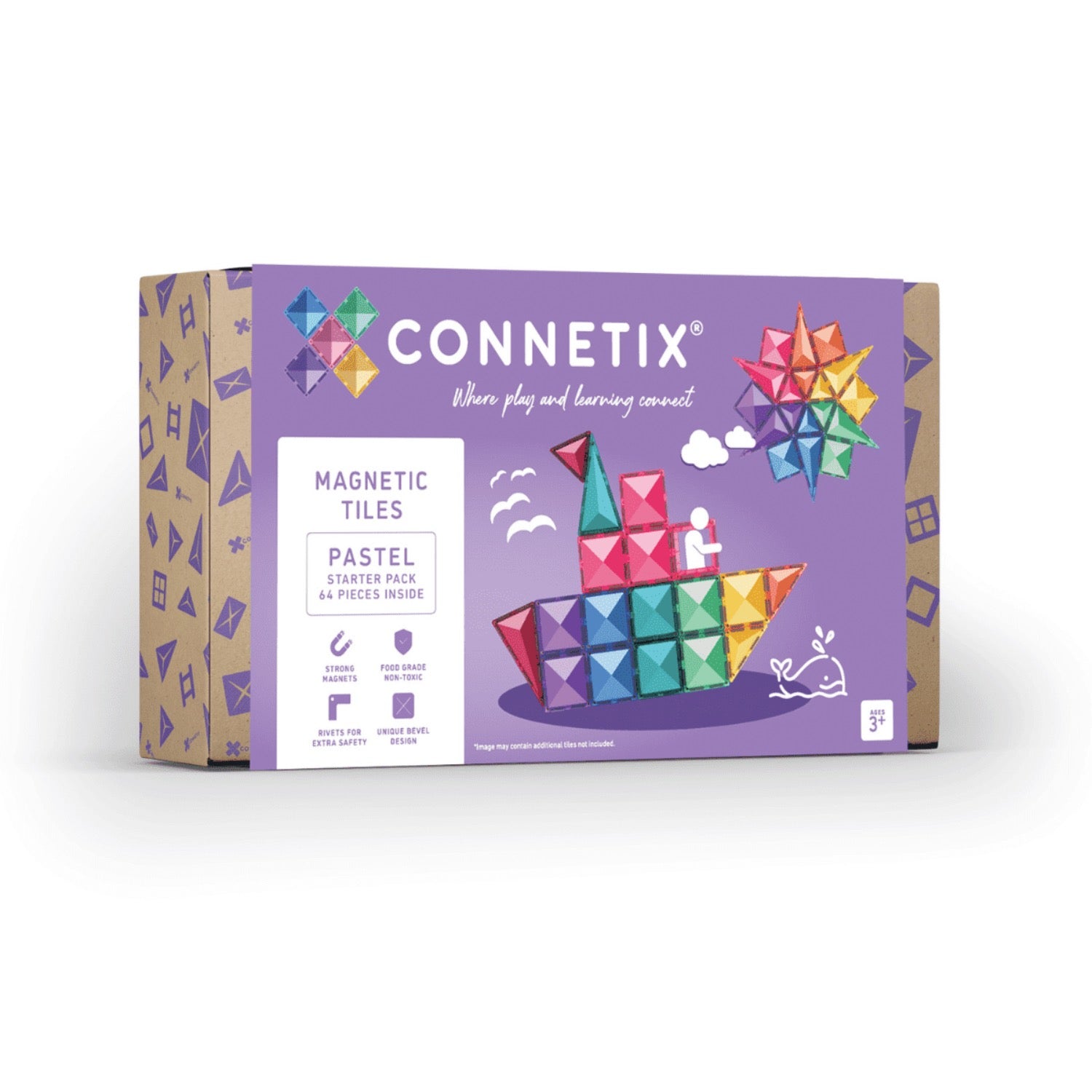 Connetix magnetic tiles packaging on a white background