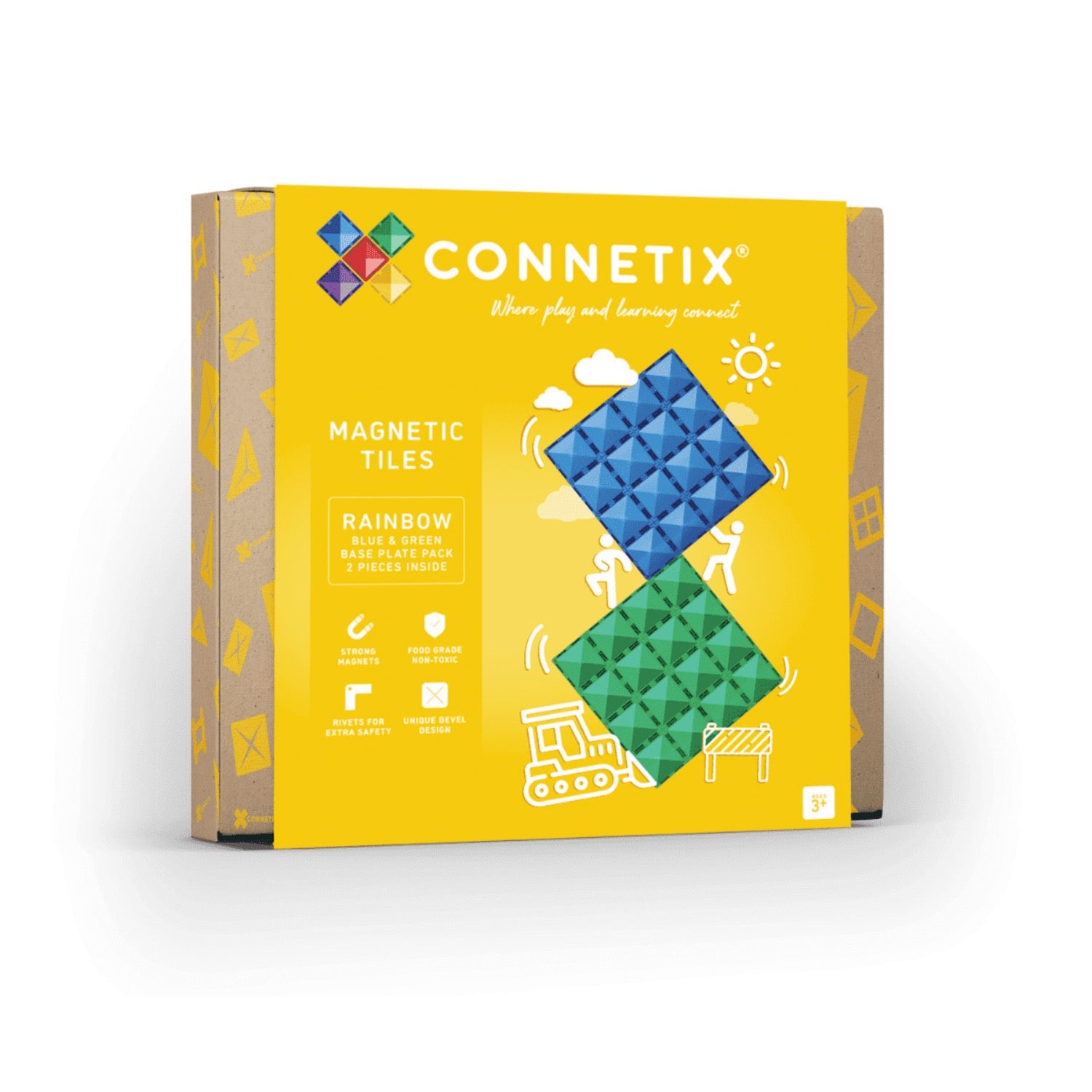 Connetix magnetic tiles packaging with colorful tiles on a yellow background
