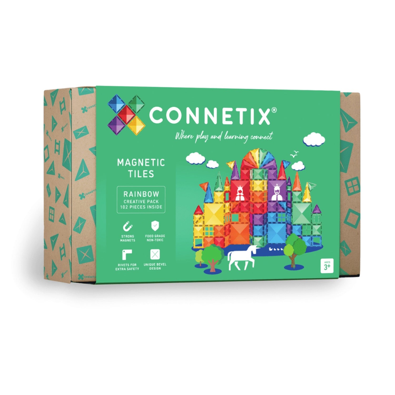 Connetix magnetic tiles packaging with colorful castle illustration on a green background