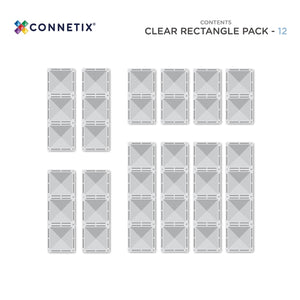 Packaging of Connetix clear rectangle components on a white background