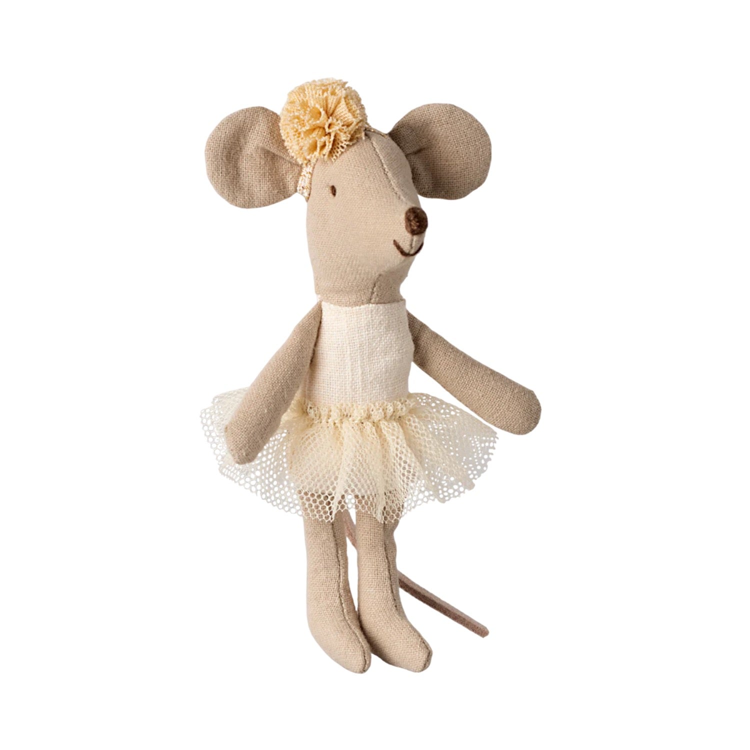 Stuffed mouse toy with a flower headband and lace dress on a white background