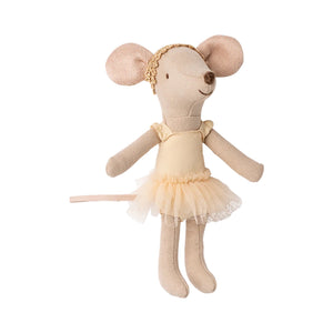 Stuffed mouse toy in a ballerina outfit on a white background
