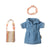 Denim dress, bag, and headband set on a white background