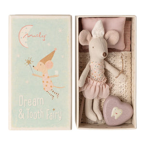 Stuffed mouse toy with a heart-shaped tin pillow in a box, featuring 'Dream & Tooth Fairy' text.