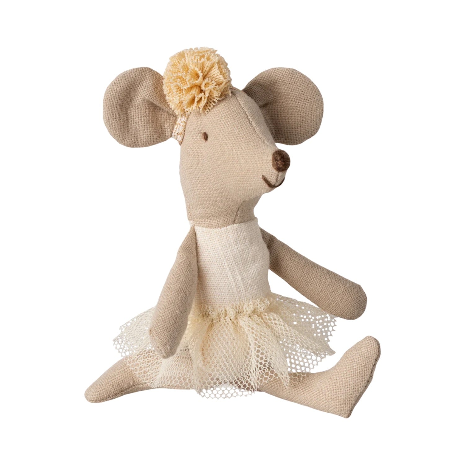 Stuffed mouse toy with a flower headband and lace dress on a white background