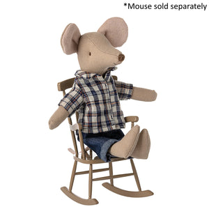 Stuffed mouse toy wearing a plaid shirt and sitting on a rocking chair with text indicating the mouse is sold separately.