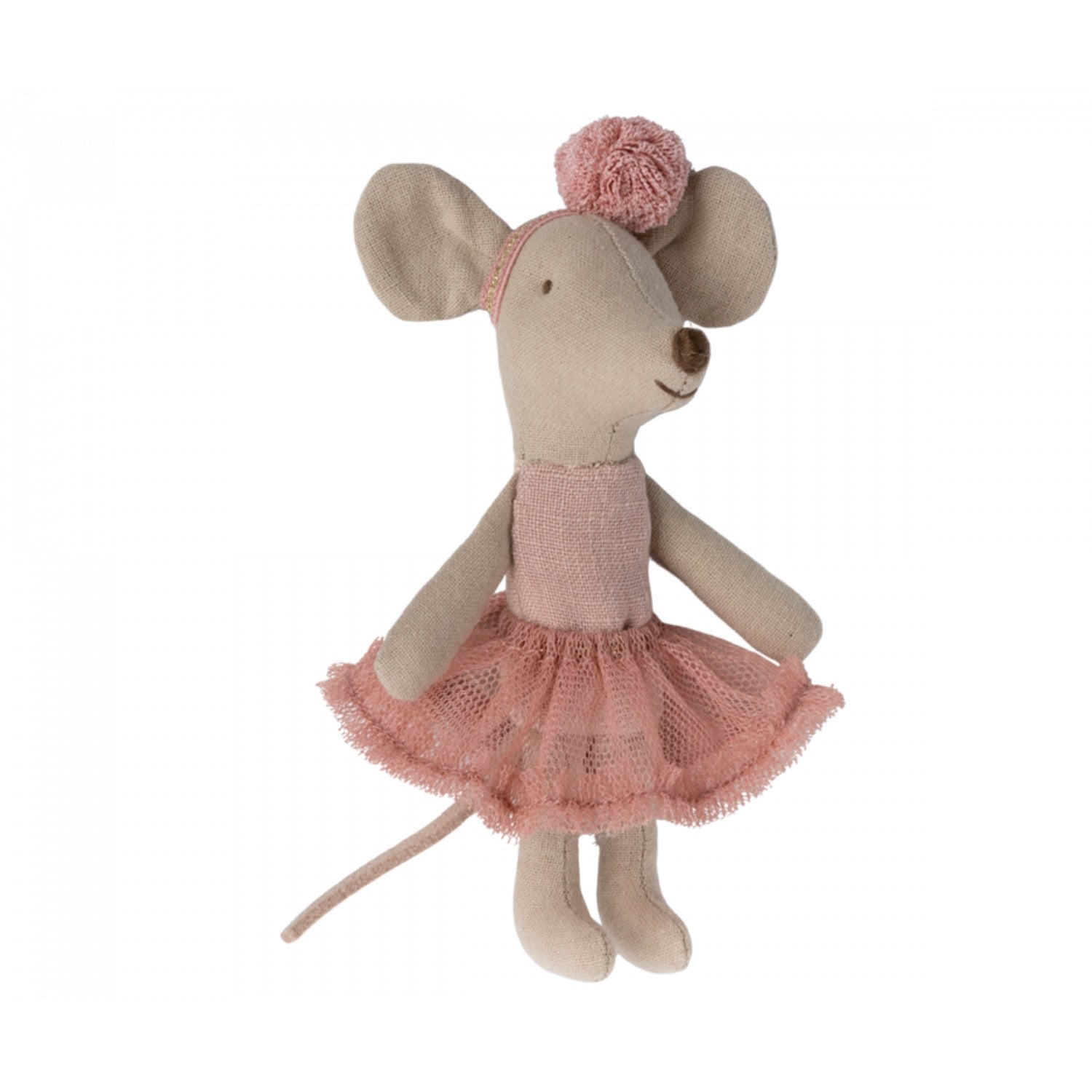 Stuffed mouse toy in a pink dress with a flower headband on a white background