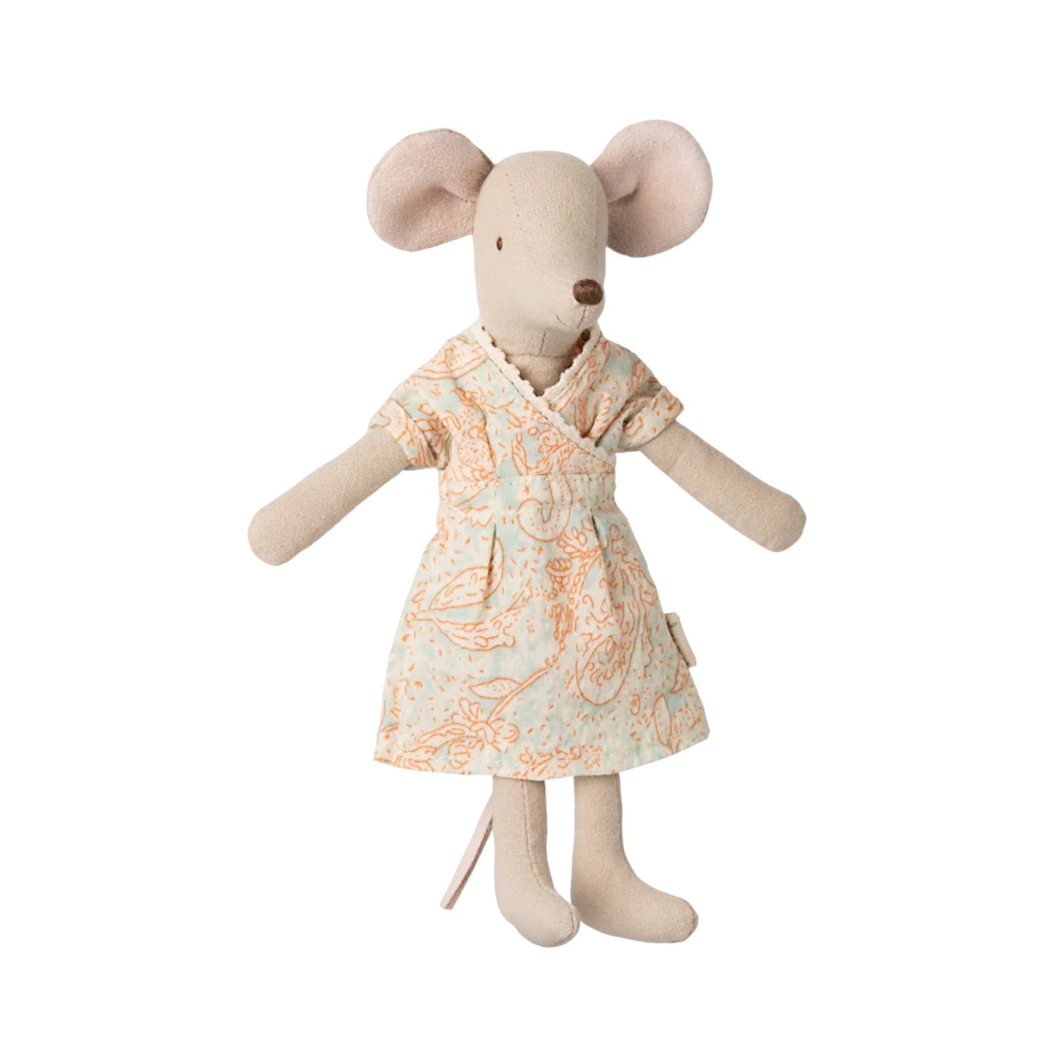 Stuffed mouse toy wearing a floral dress on a white background