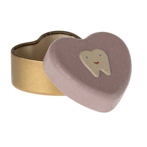 Heart-shaped lilac box with a gold lid featuring a tooth design on a white background