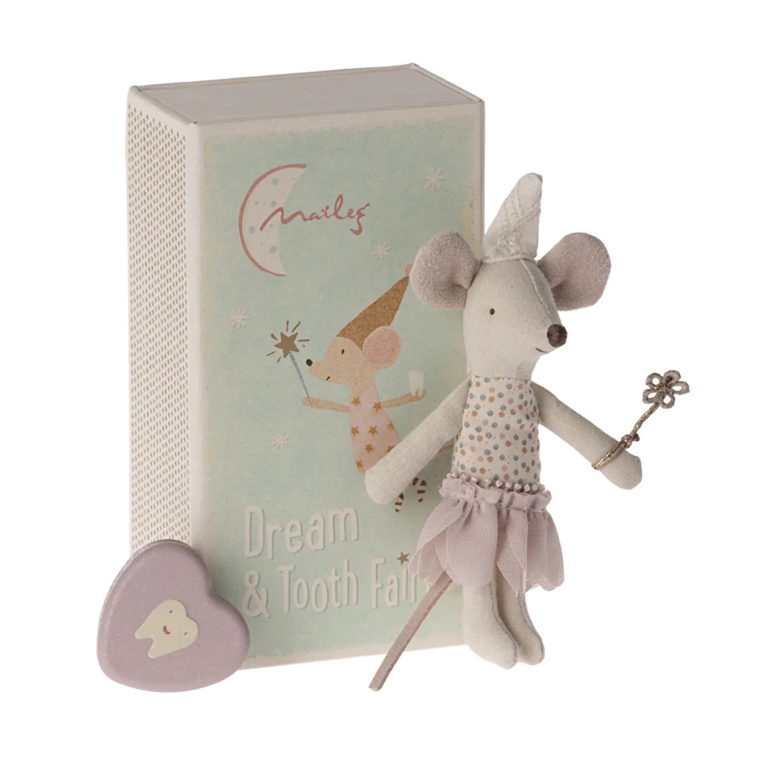 Stuffed mouse toy with a decorative box featuring illustrations and text on a white background
