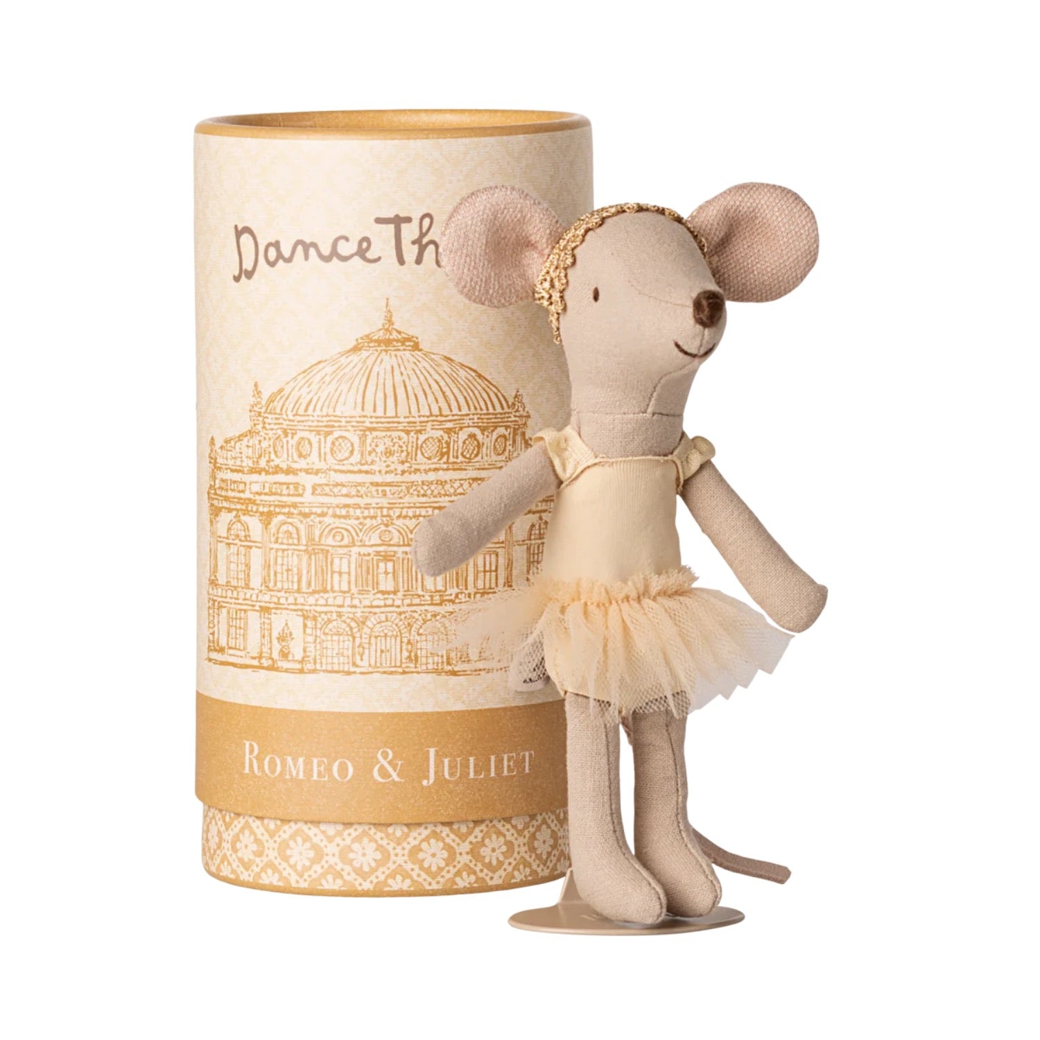 Stuffed mouse dancer toy with 'Dance Th' and 'Romeo & Juliet' text on a cylindrical box.
