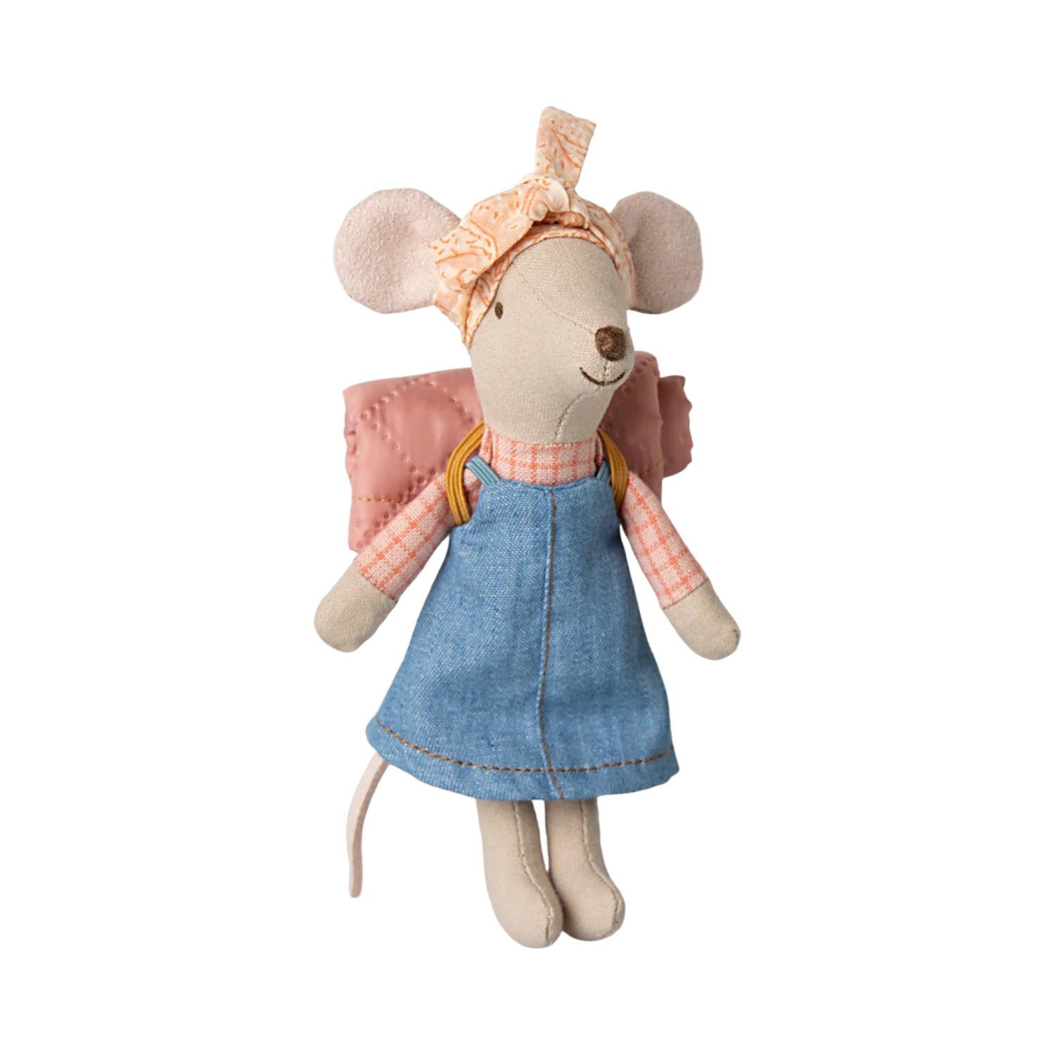 Stuffed mouse toy wearing a denim dress and pink headband on a white background