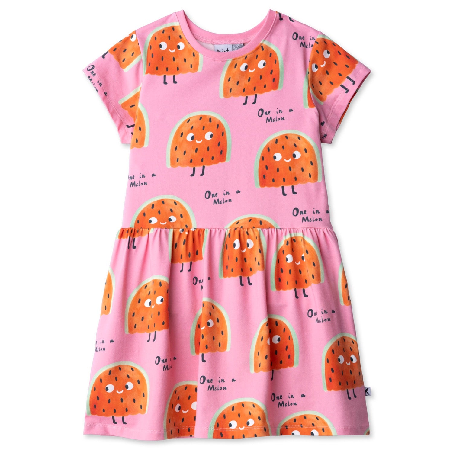 Pink dress with watermelon pattern on a white background