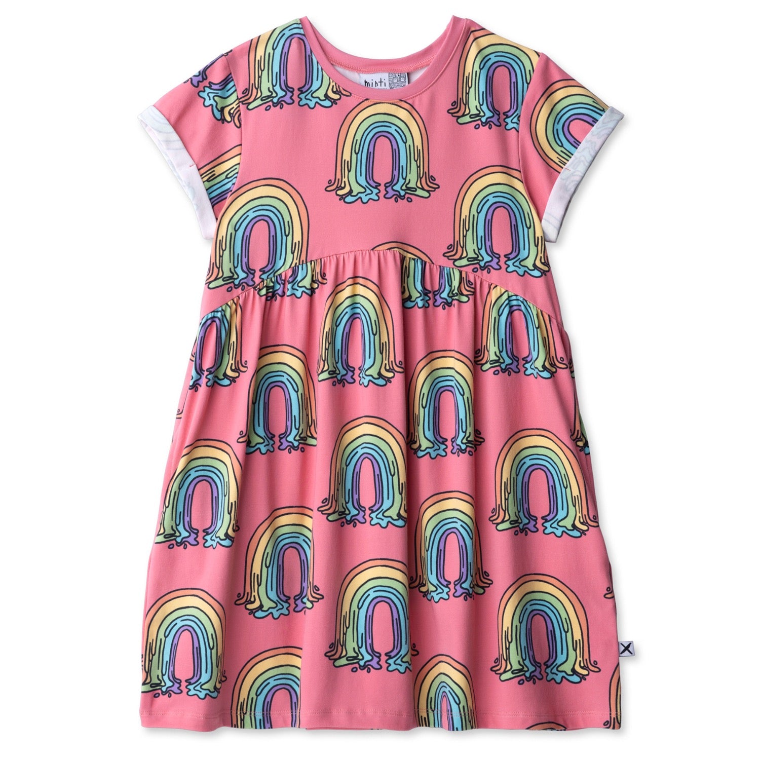 Pink dress with rainbow patterns on a white background