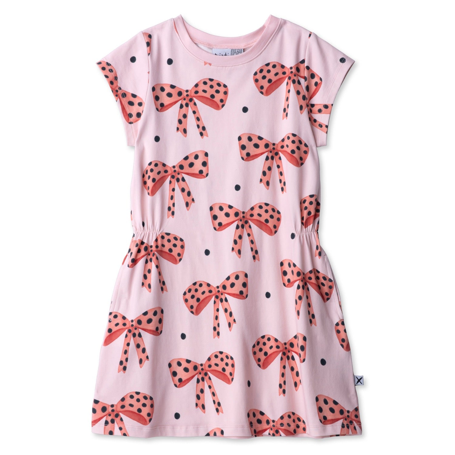 Pink dress with bow pattern on a white background