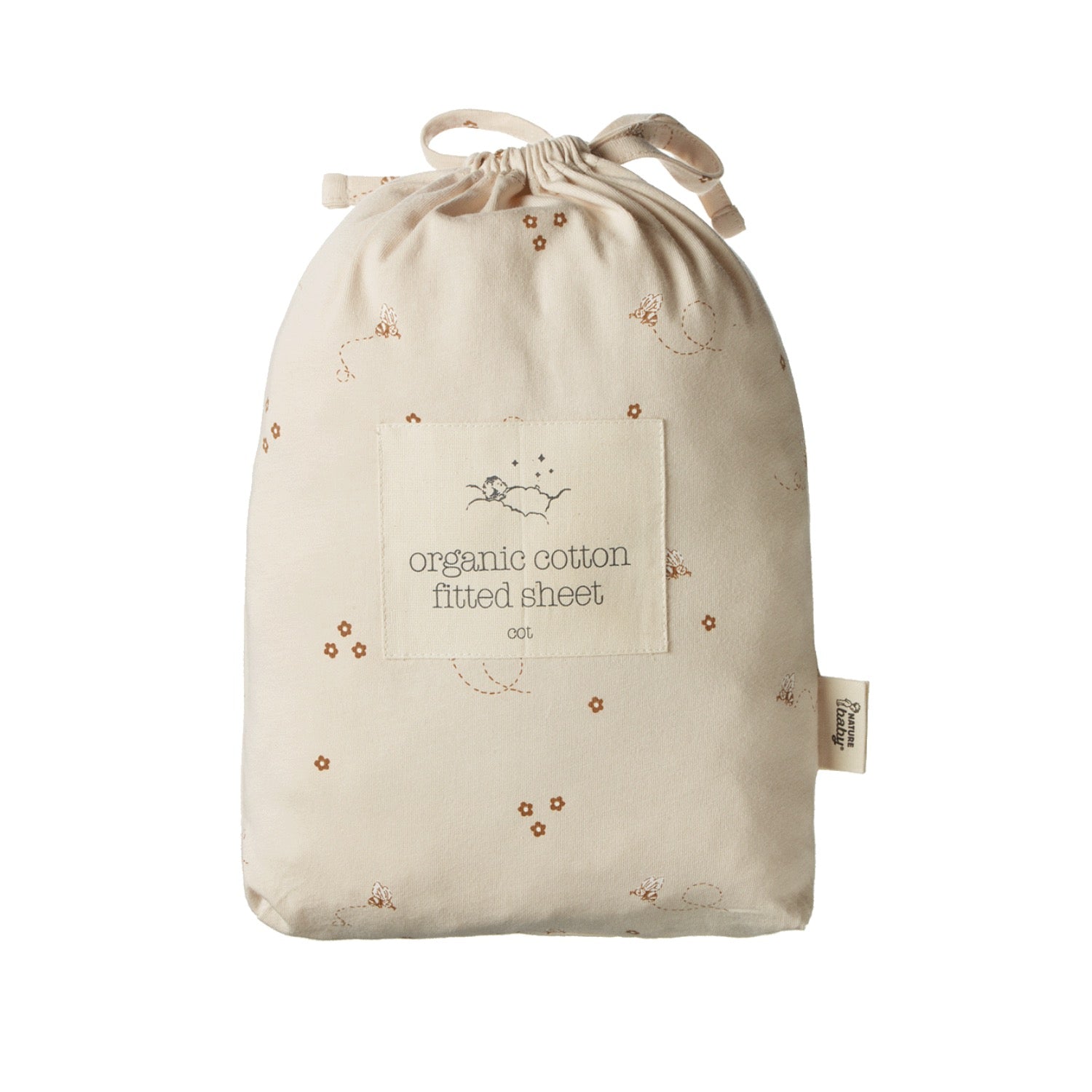 Beige drawstring bag with organic cotton fitted sheet label on a white background