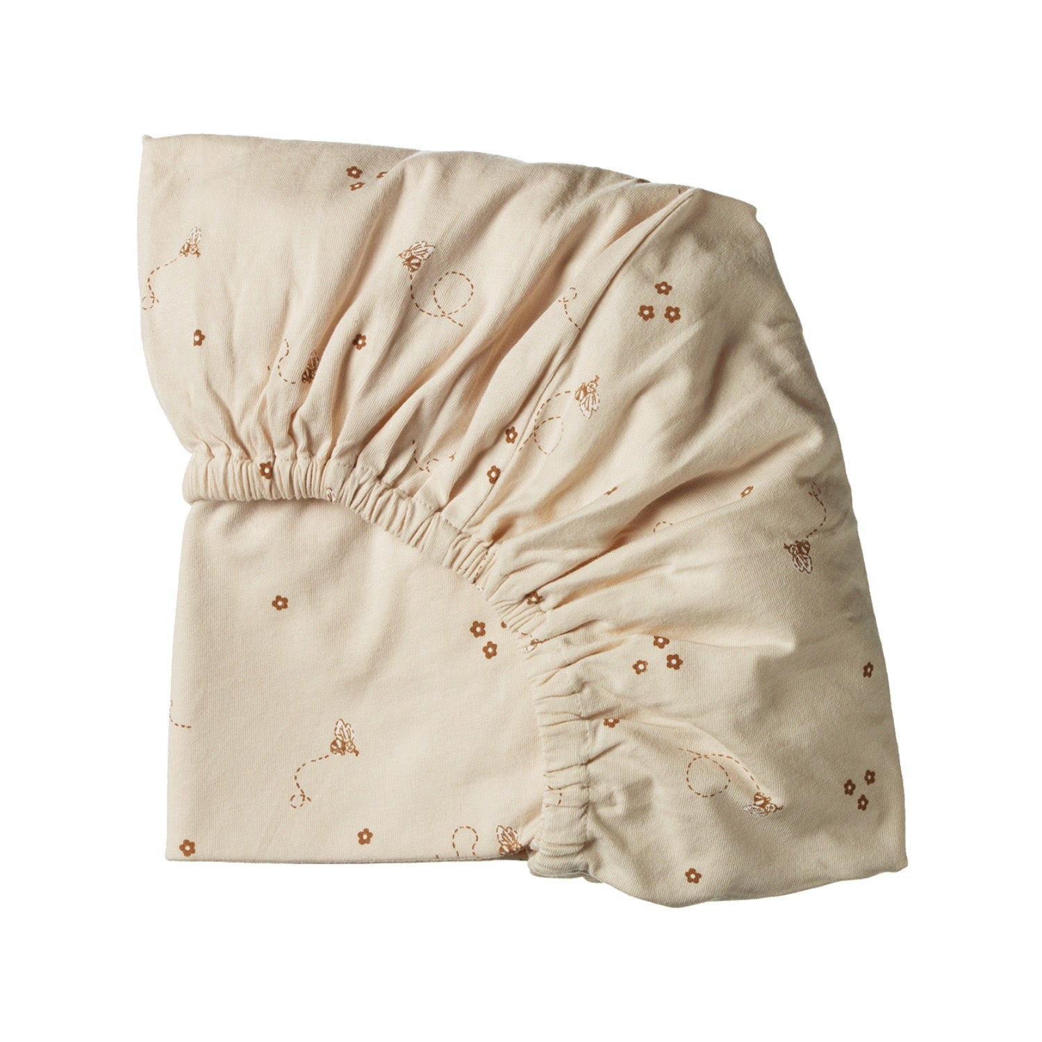 Beige drawstring bag with organic cotton fitted sheet label on a white background