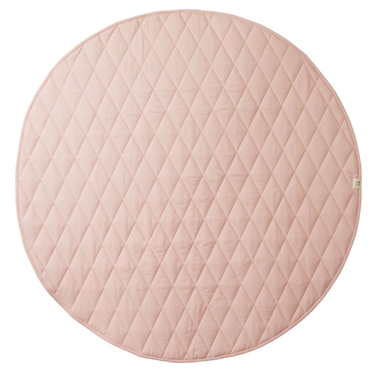 Quilted pink fabric with a brand label on a white background