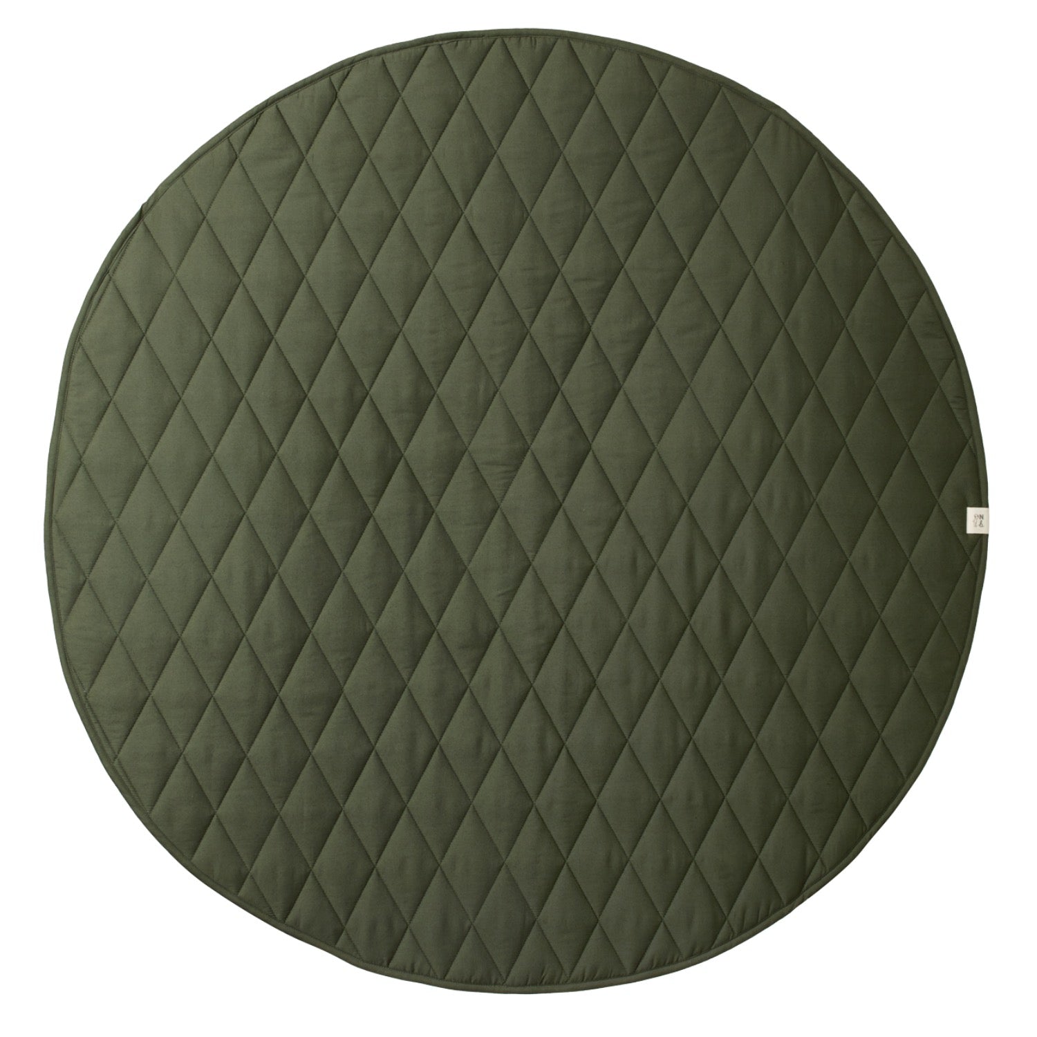 Quilted green fabric with a brand label on a white background