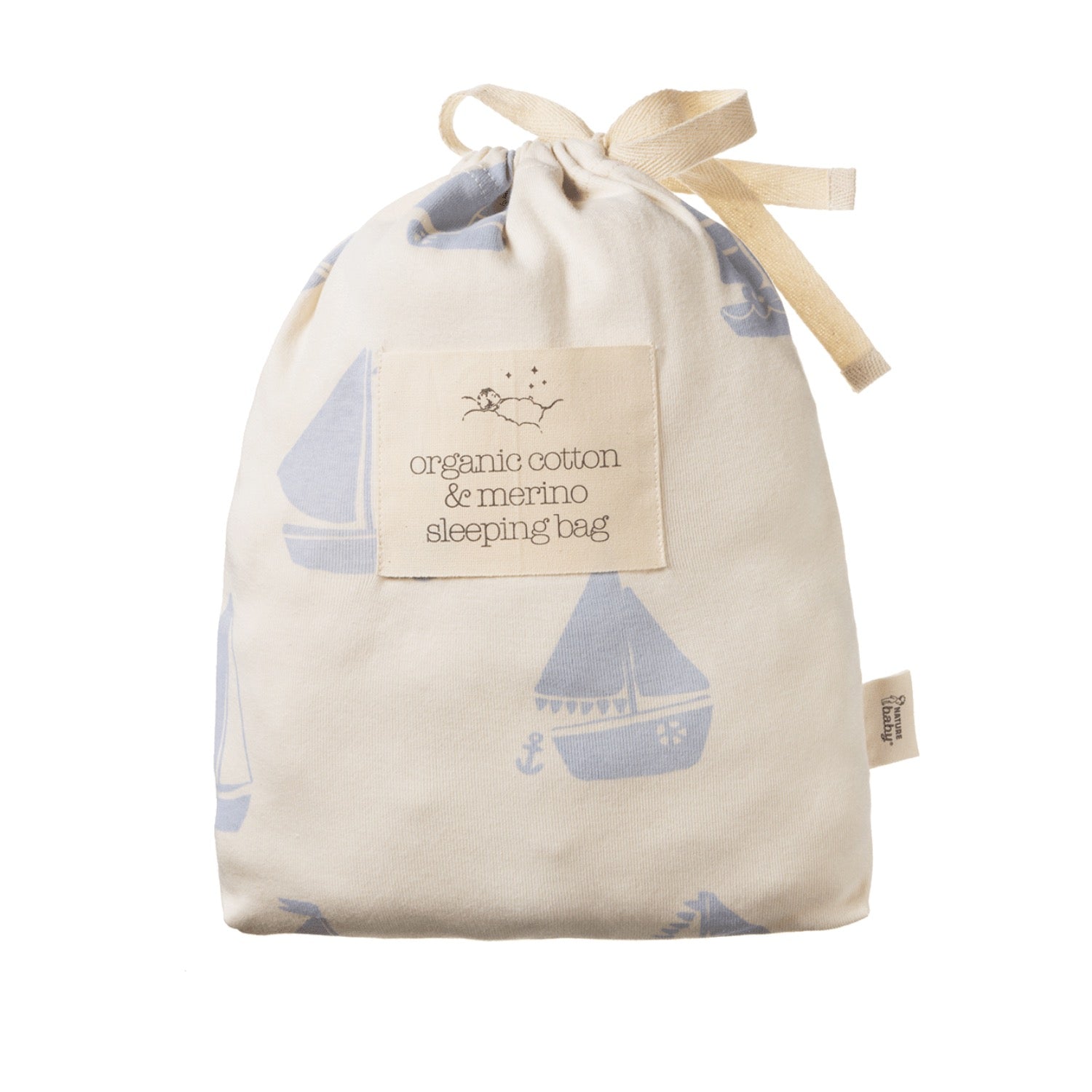 Beige baby sleeping bag with blue sailboat pattern on a white background
