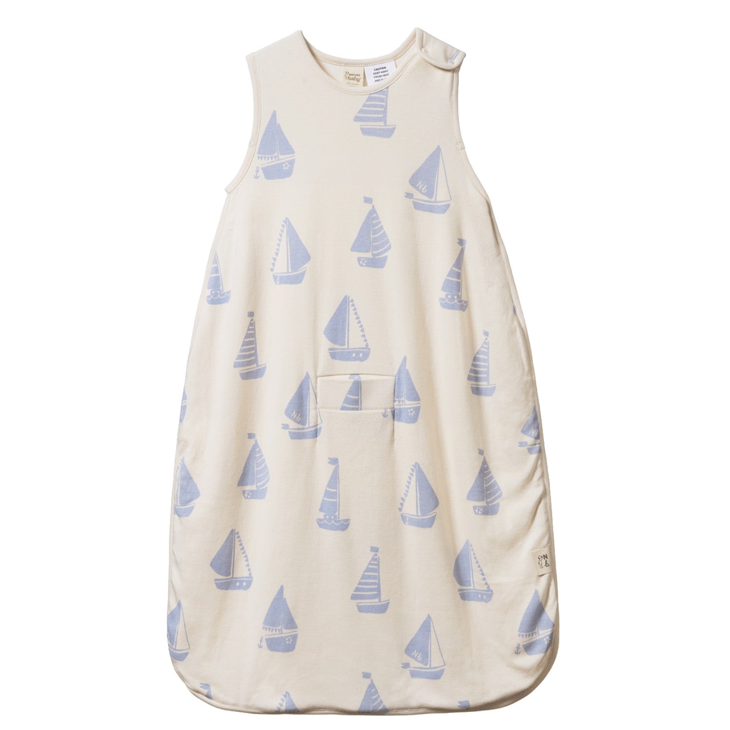Beige baby sleeping bag with blue sailboat pattern on a white background