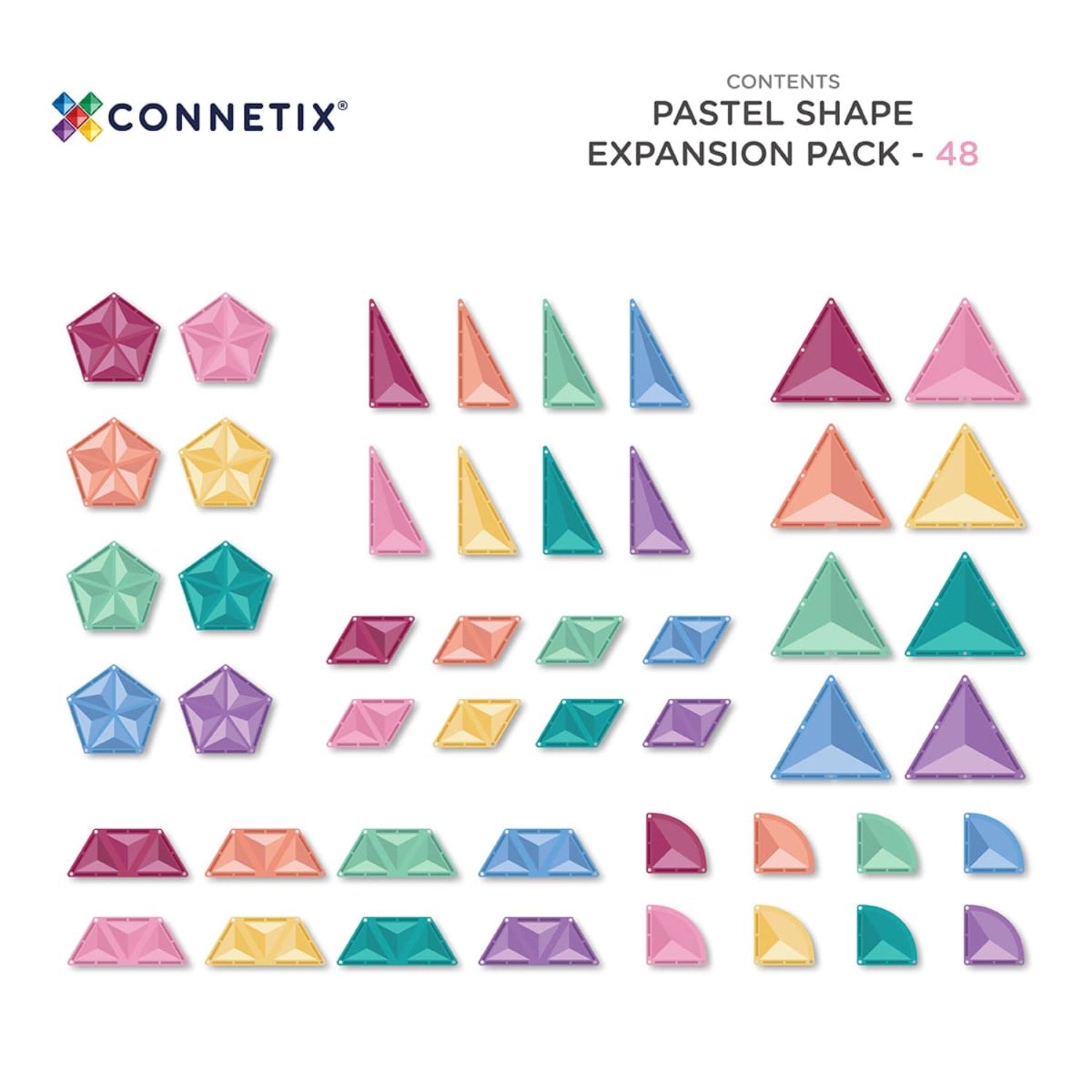 Connetix magnetic tiles packaging with colorful geometric shapes on a white background