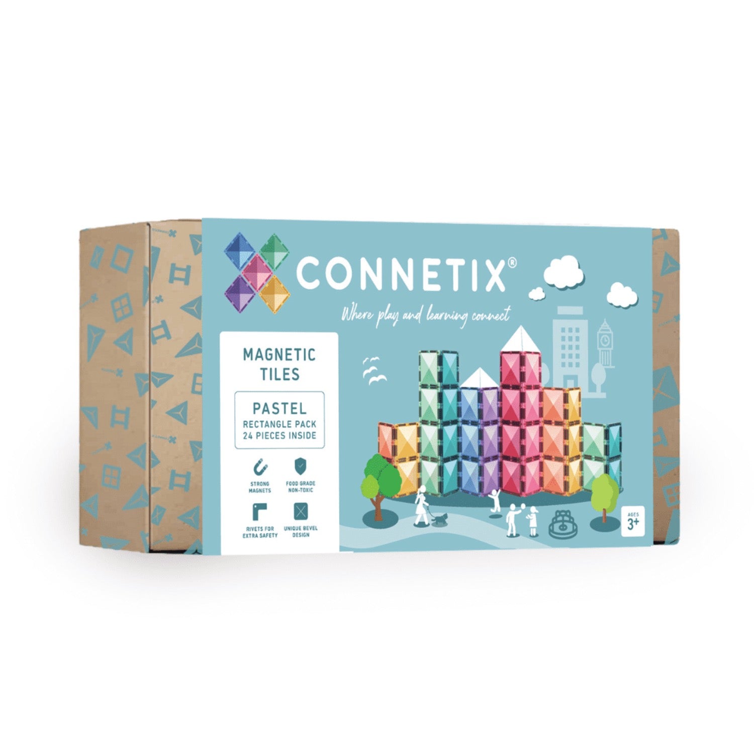 Connetix magnetic tiles packaging with colorful pastel design on a white background