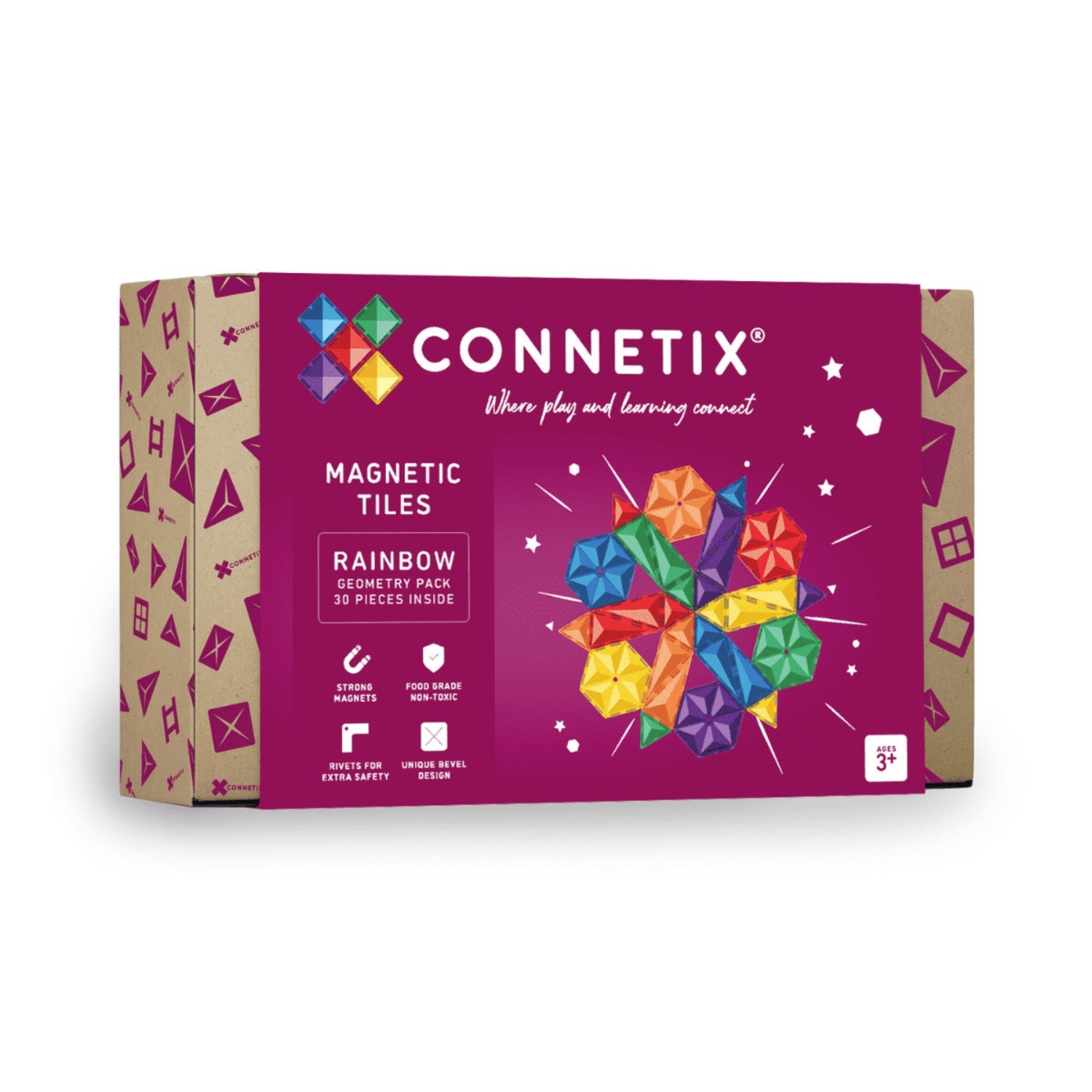 Connetix magnetic tiles packaging with colorful geometric shapes on a purple background