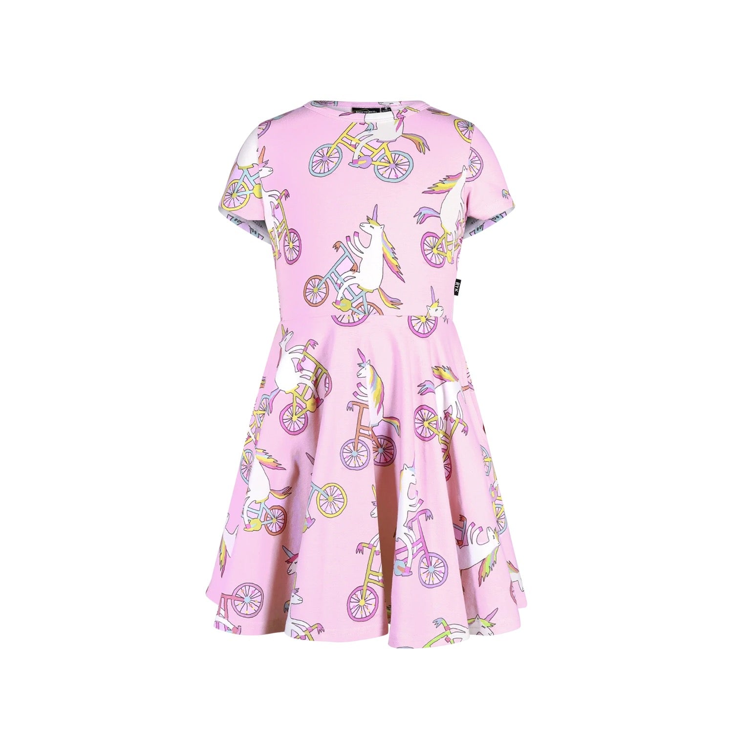 Pink dress with unicorn and bicycle pattern on a white background