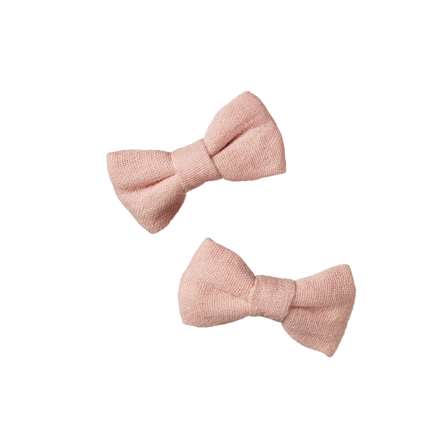 Two pink muslin bow hair clips on a white background by Nature Baby