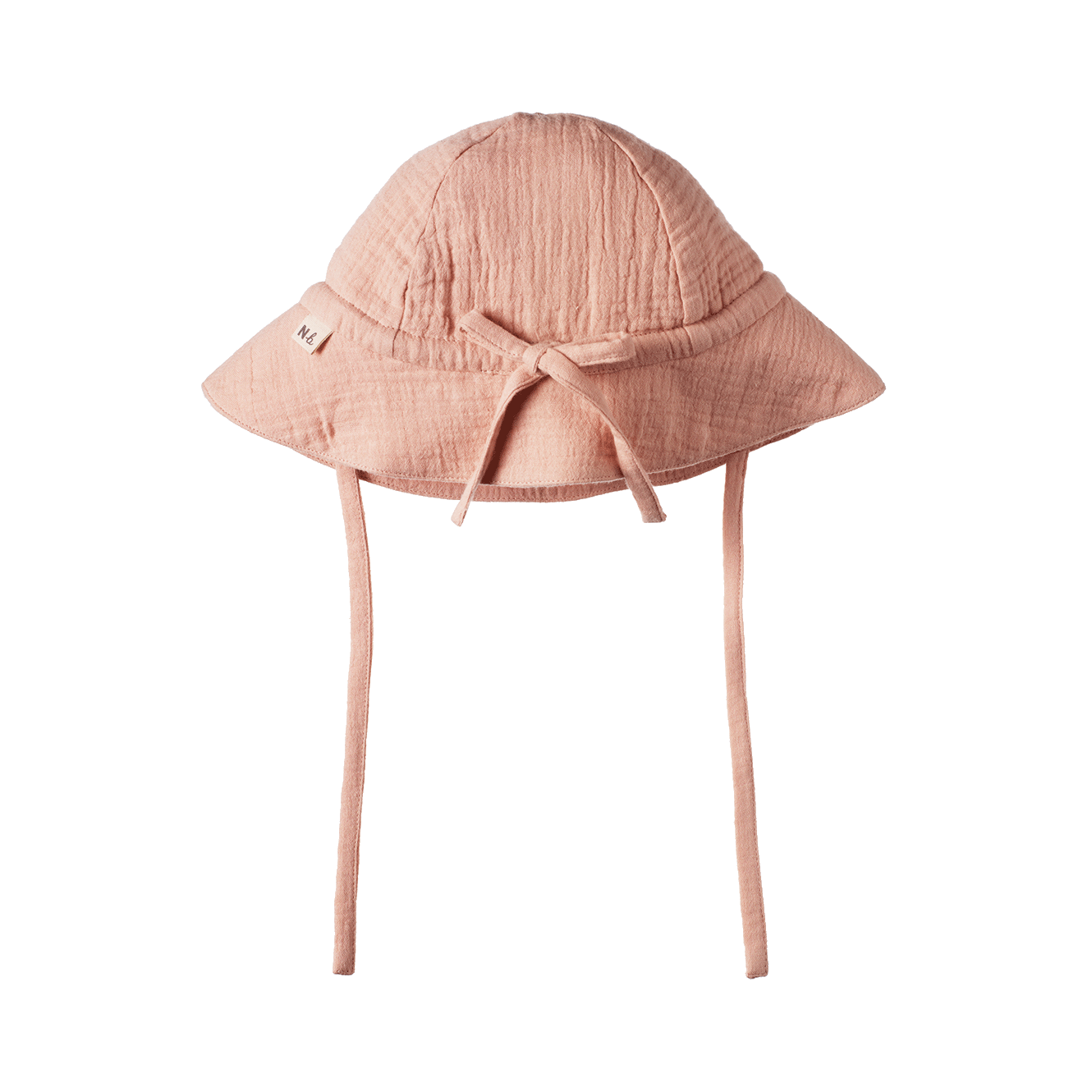 Pink muslin baby sun hat with chin strap and bow on a white background by Nature Baby