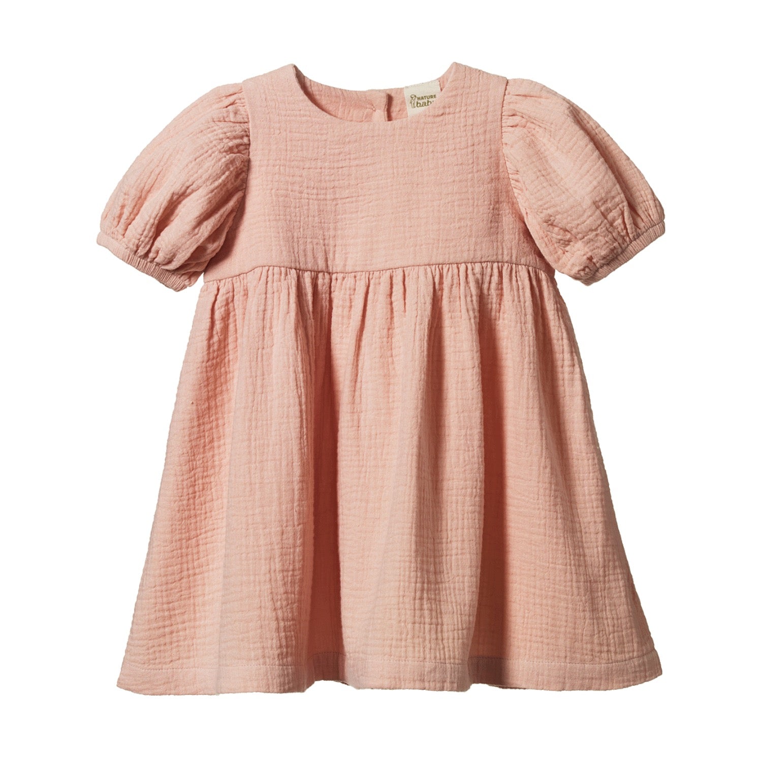 Pink muslin dress with puff sleeves on a white background by Nature Baby