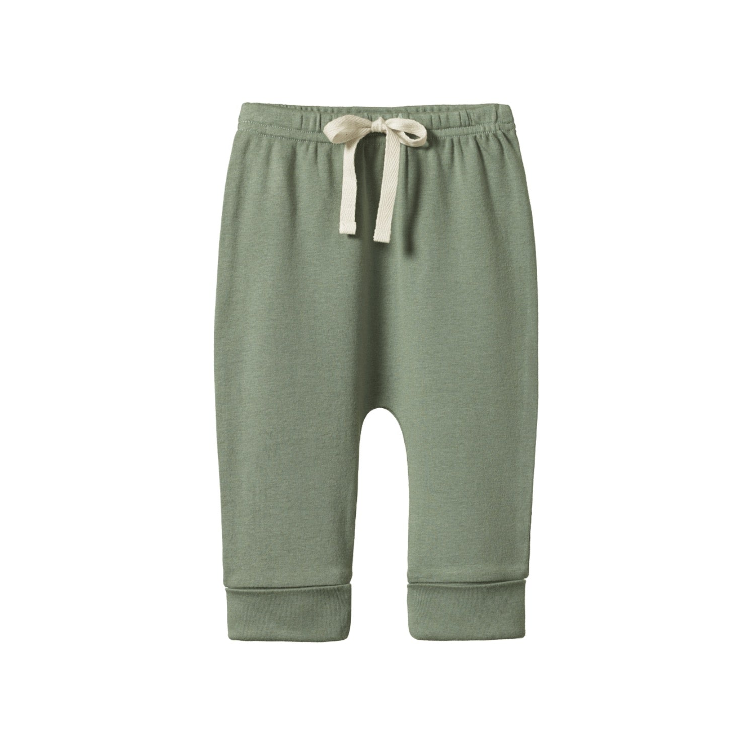 A pair of green, organic cotton baby drawstring pants by Nature Baby