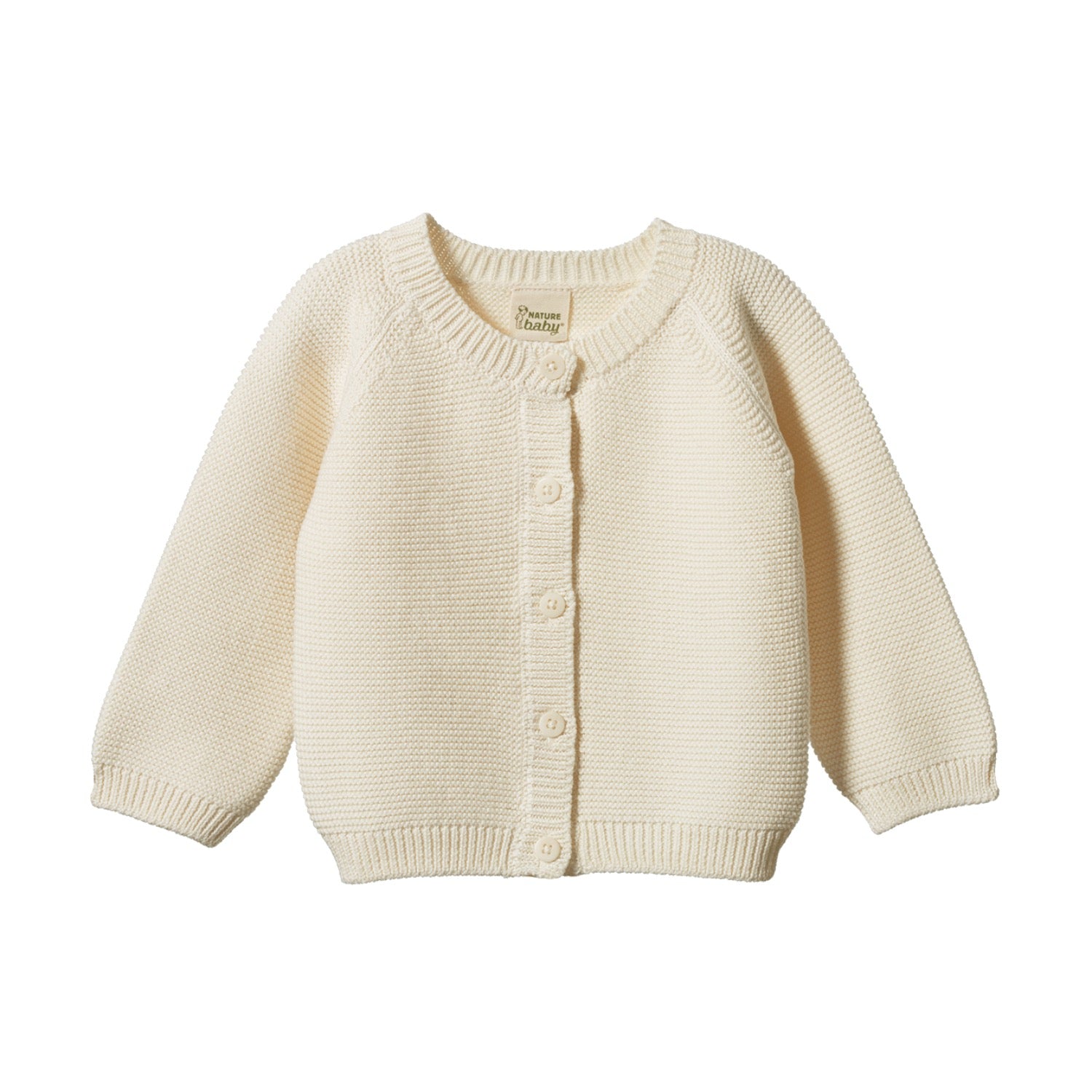 A beige, button-up Nature Baby cardigan for babies.