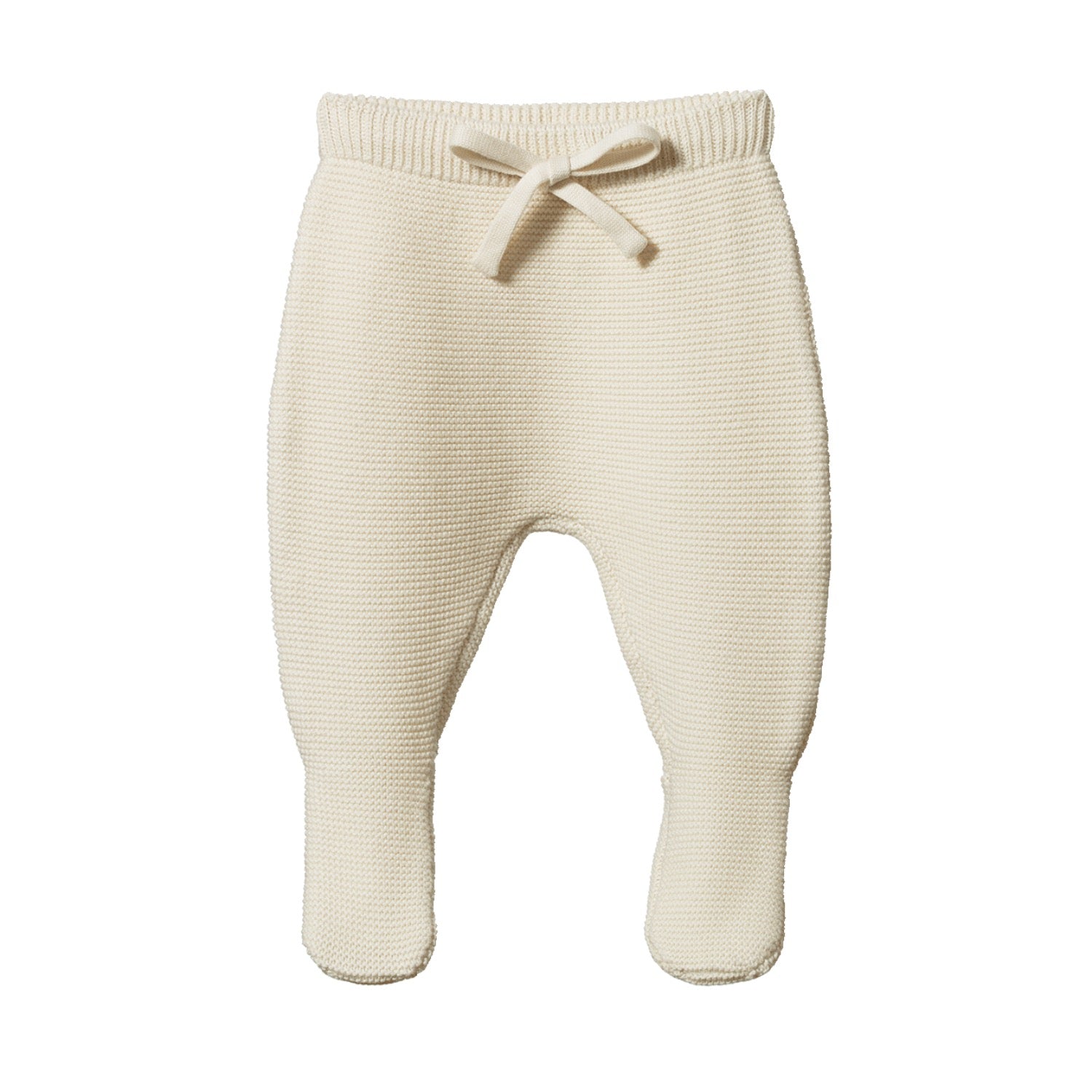 A beige-colored baby romper with foot detailing and a drawstring waist.