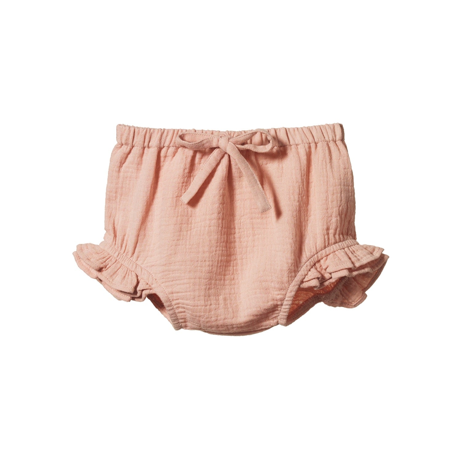 Pink muslin baby bloomers with a bow and frill leg on a white background by Nature Baby